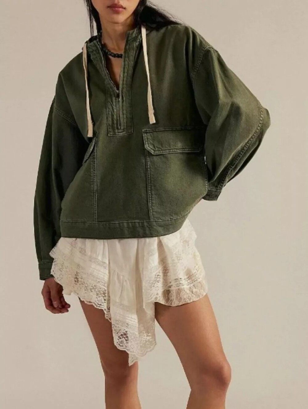 Half Zip Hooded Denim Top